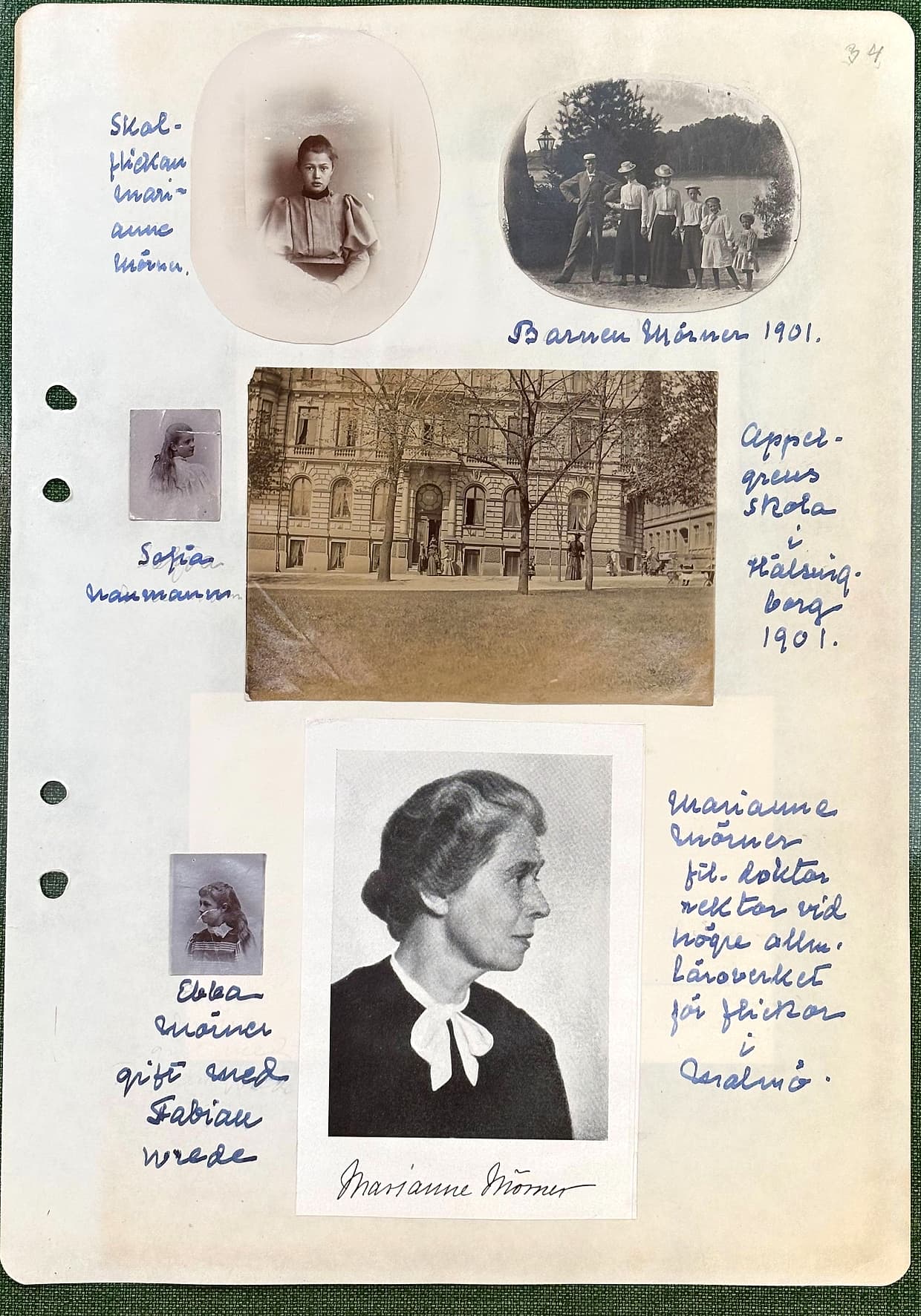 Fotograferad dagbokssida 57. Porträtt: 'Skolflickan Marianne Mörner'. Foto: 'Barnen Mörner 1901'. Porträtt: 'Sofia Naumann'. Foto: 'Appelgrens skola i Hälsingborg 1901'. Porträtt: 'Ebba Mörner gift med Fabian Wrede'. Porträtt Marianne Mörner som vuxen, med hennes namnteckning under. Sidans text är återgiven under bilden.