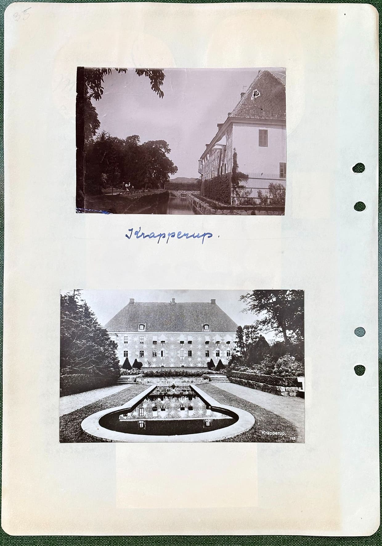 Fotograferad dagbokssida 58. Foto av Krapperups slott från trädgårdssidan. Vykort: 'Krapperup' - slottet med parterren framför. Sidans text är återgiven under bilden.
