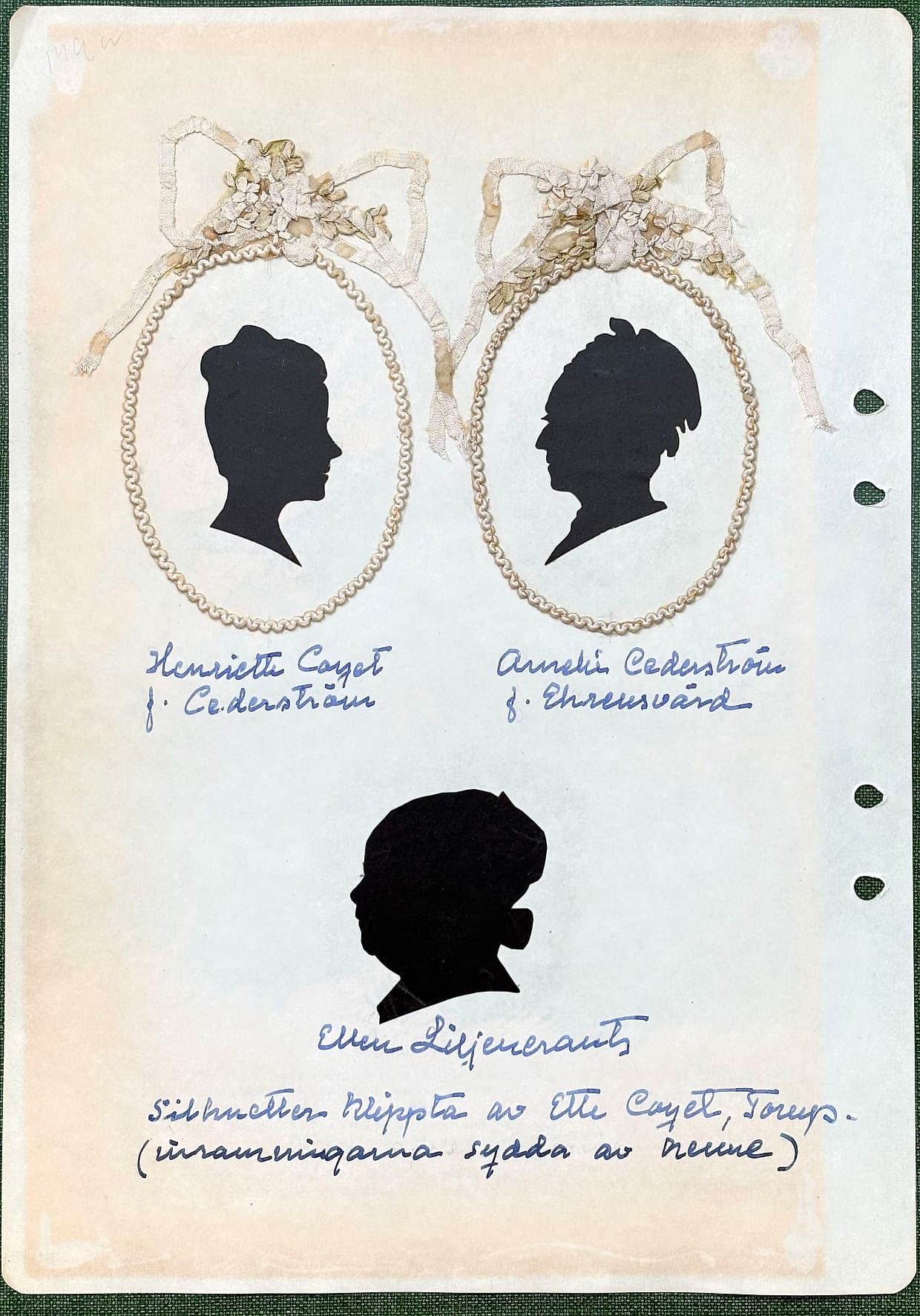 Fotograferad dagbokssida 62. Silhuett: 'Henriette Coyet f. Cederström'. Silhuett: 'Amelie Cederström f. Ehrensvärd'. Silhuett: 'Ellen Liljencrants'. Sidans text är återgiven under bilden.