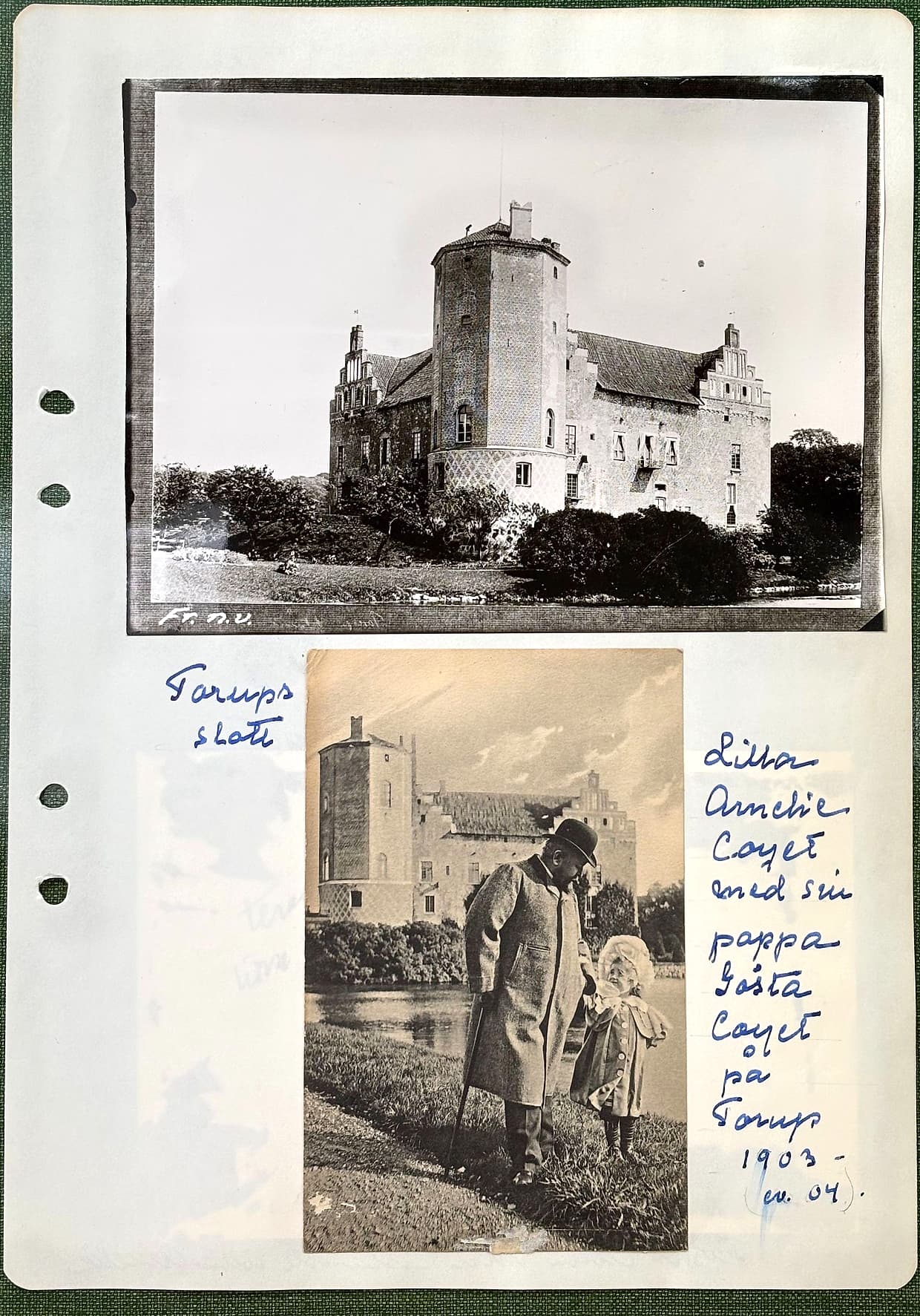 Fotograferad dagbokssida 73. Foto: 'Torups slott'. Foto: 'Lilla Amelie Coyet med sin pappa Gösta Coyet på Torup 1903 - ev. 04'.