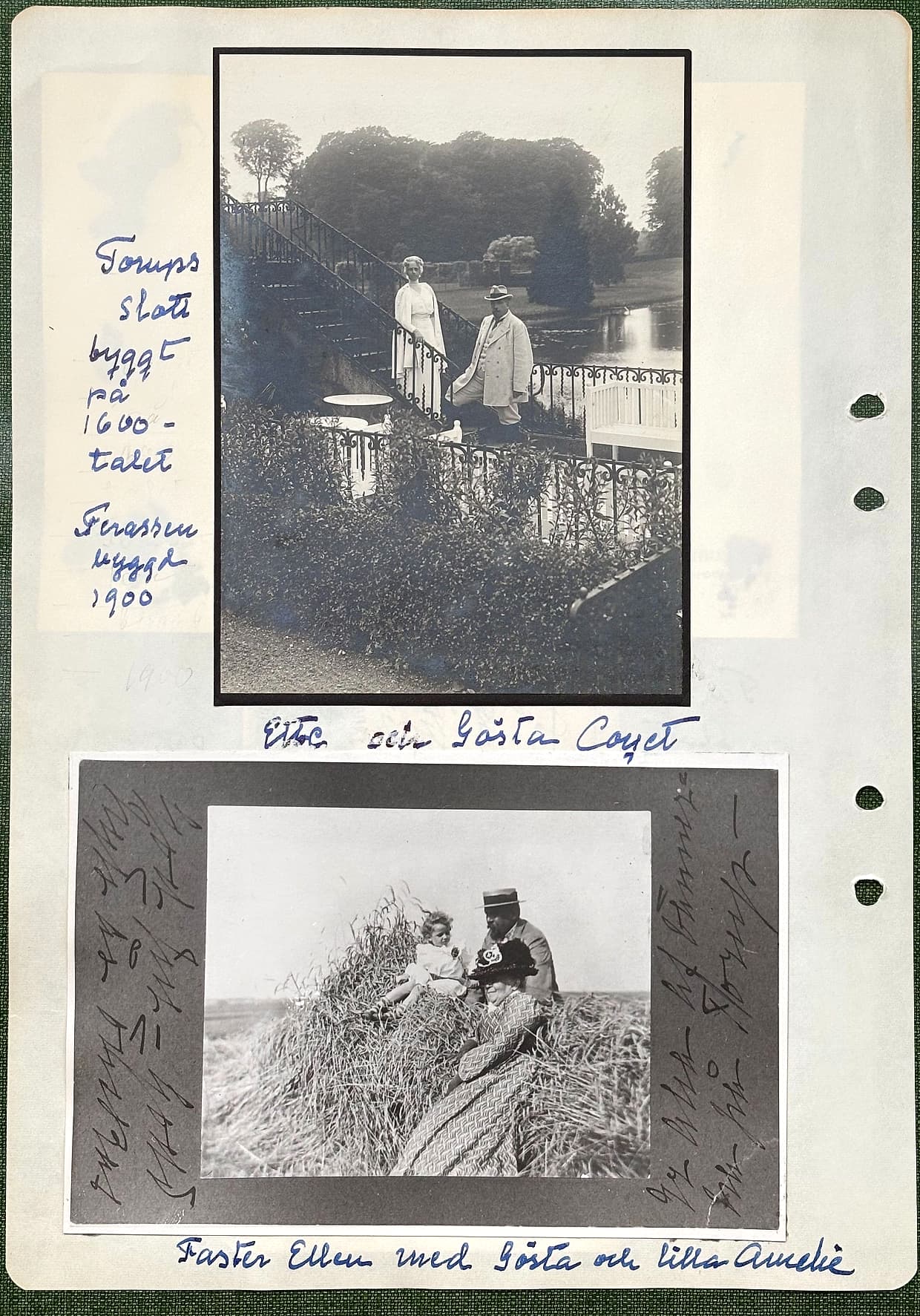 Fotograferad dagbokssida 74. Foto av terrassen på Torup: 'Etta och Gösta Coyet'. Foto: 'Faster Ellen med Gösta och lilla Amelie' - i en höstack. Sidans text är återgiven under bilden.