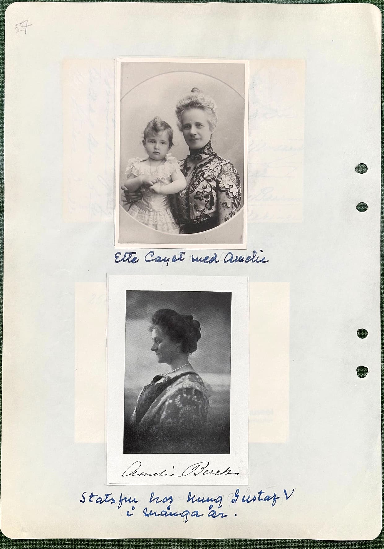 Fotograferad dagbokssida 84. Foto: 'Etta Coyet med Amelie'. Porträtt: 'Amelie Berch. Statsfru hos kung Gustaf V i många år.'.