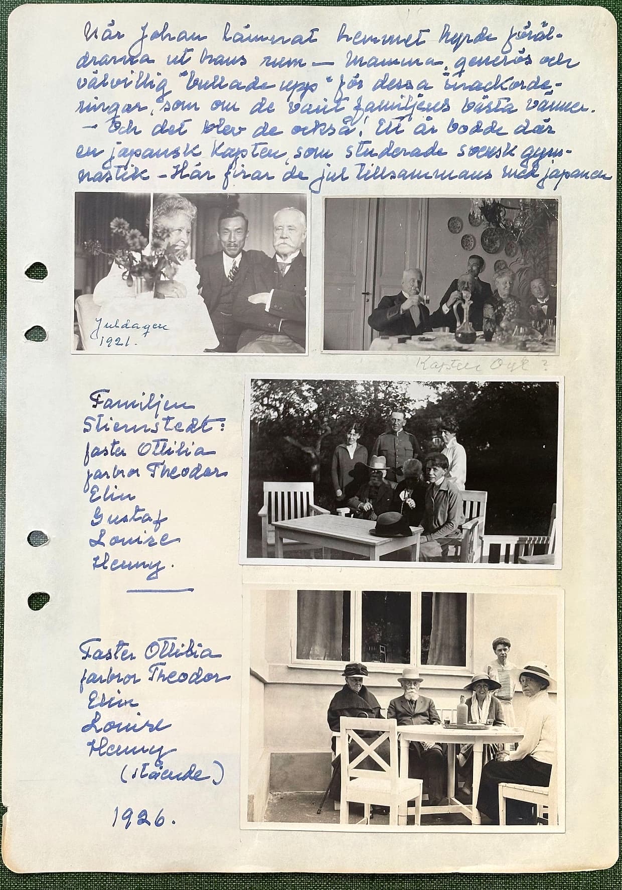 Fotograferad dagbokssida 99. Foto: 'Juldagen 1921.'. Foto av middagsbord med den japanske gästen. Märtas notering i blyerts intill: 'Kapten O…?'. Foto: 'Familjen Stiernstedt: faster Ottilia / farbror Theodor / Elin / Gustaf / Louise / Henny.'. Foto: 'Faster Ottilia / farbror Theodor / Elin / Louise / Henny (stående) / 1926.'. Sidans text är återgiven under bilden.