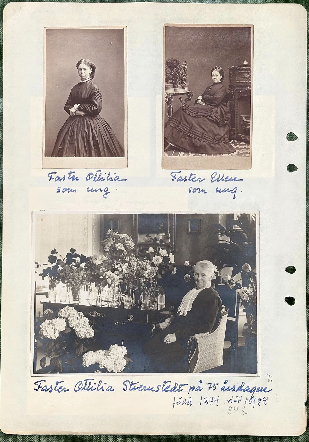Fotograferad dagbokssida 100. Porträtt: 'Faster Ottilia som ung.'. Porträtt: 'Faster Ellen som ung.'. Porträtt: 'Faster Ottilia Stiernstedt på 75 årsdagen / född 1844 – död 1928 / 84 år'.