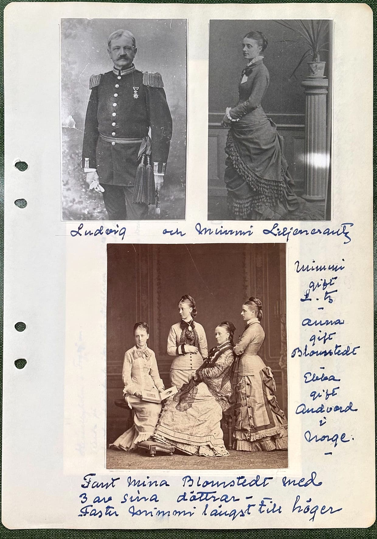 Fotograferad dagbokssida 101. Två porträtt: en man i uniform och en kvinna. Bildtext: 'Ludvig och Mimmi Liljencrantz'. Gruppfoto av fyra kvinnor. Bildtext: 'Tant Mina Blomstedt med 3 av sina döttrar – Faster Mimmi längst till höger'. I marginalen intill: 'Mimmi gift L.tz – Anna gift Blomstedt – Ebba gift Andvord i Norge.'.