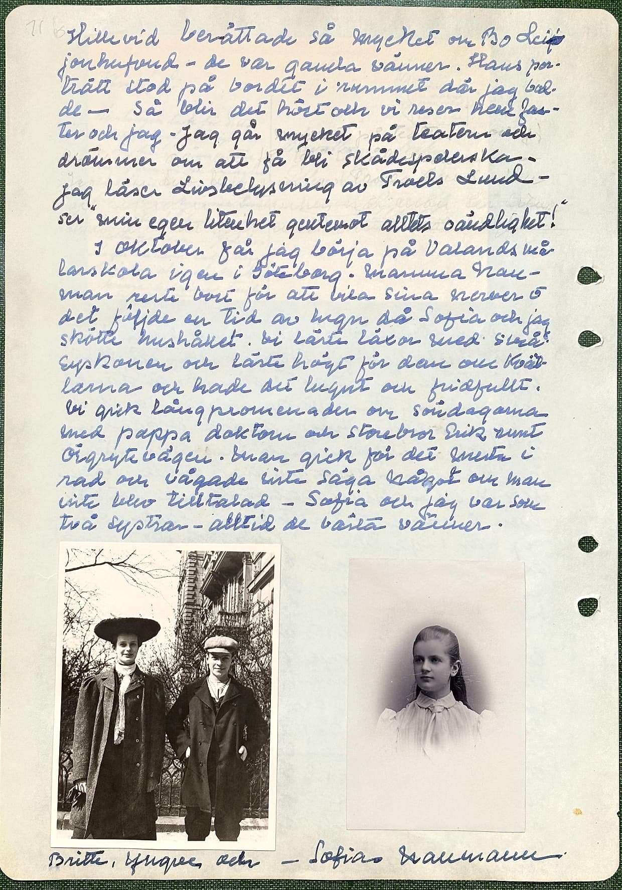 Fotograferad dagbokssida 104. Foto: 'Britta, Yngve och'. Porträtt: 'Sofia Naumann'. Sidans text är återgiven under bilden.