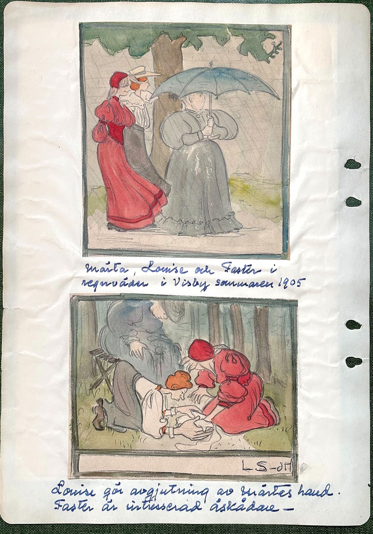 Fotograferad dagbokssida 136. Teckning av tre kvinnor under paraply i regn. Bildtext: 'Märta, Louise och Faster i regnvädret i Visby sommaren 1905'. Teckning av två kvinnor som arbetar med en gipsavgjutning medan en tredje ser på, signerad nedtill till höger 'L S-dt'. Bildtext: 'Louise gör avgjutning av Märtas hand. Faster är intresserad åskådare –'.