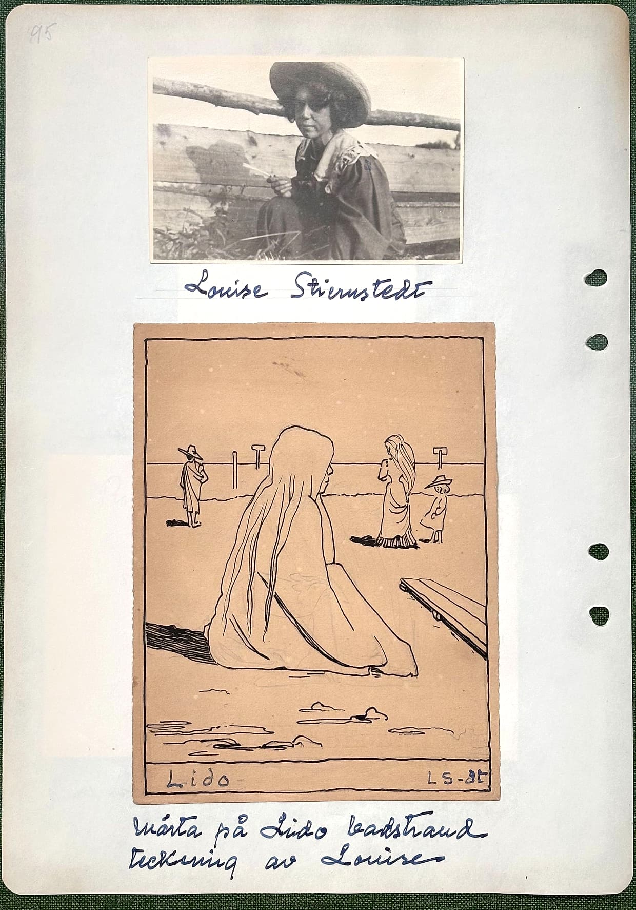 Fotograferad dagbokssida 144. Foto av en kvinna i stor hatt sittande vid en trädstam. Bildtext: 'Louise Stiernstedt'. Teckning av en kvinna sedd bakifrån på en strand med badgäster i bakgrunden, signerad 'Lido' nedtill till vänster och 'L S-dt' nedtill till höger. Bildtext: 'Märta på Lido badstrand. Teckning av Louise'.