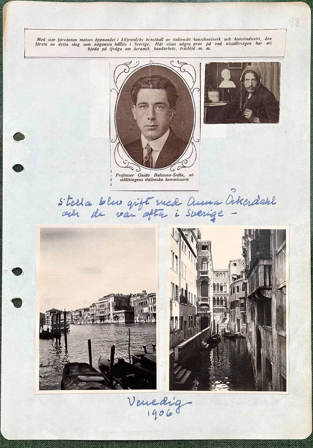Fotograferad dagbokssida 149. Inklistrat tidningsurklipp med tryckt ingress: 'Med stor förväntan motses öppnandet i Liljewalchs konsthall av italienskt konsthantverk och konstindustri, den första av detta slag som någonsin hållits i Sverige. Här visas några prov på vad utställningen har att bjuda på ifråga om keramik, handarbete, träslöjd m.m.' Under porträttet står tryckt: 'Professor Guido Balsamo-Stella, utställningens italienska kommissarie.'. Två fotografier av kanaler och husfasader. Bildtext: 'Venedig 1906'. Sidans text är återgiven under bilden.