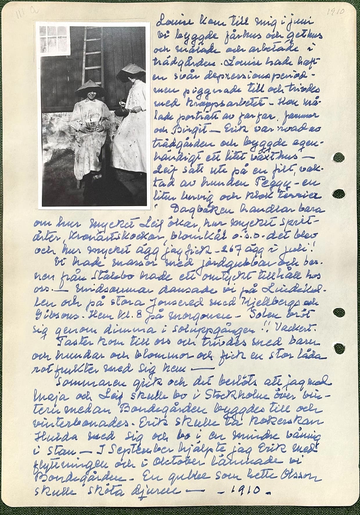 Fotograferad dagbokssida 170. Foto av två kvinnor i arbetskläder och breda hattar framför en stege vid en husvägg. Sidans text är återgiven under bilden.