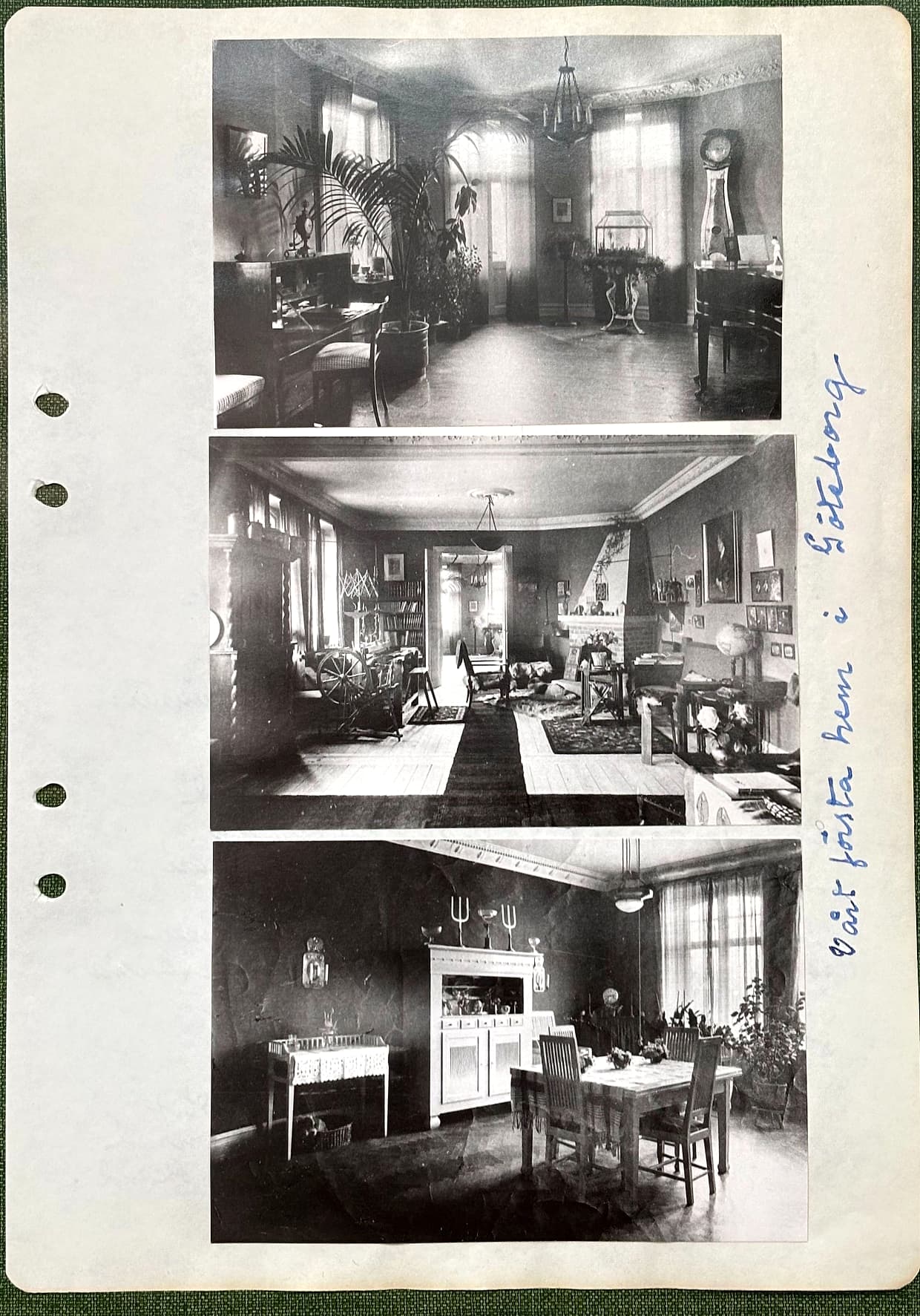 Fotograferad dagbokssida 171. Tre interiörfotografier av en våning: en hall med palmer och golvur, ett vardagsrum med spinnrock och bokhyllor, och ett matrum med vitt skänkskåp. Gemensam bildtext skriven lodrätt längs högerkanten: 'Vårt första hem i Göteborg'.