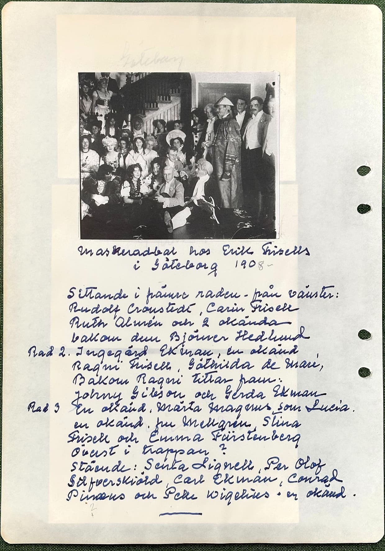 Fotograferad dagbokssida 172. Gruppfoto från en maskeradbal, ett trettiotal personer i kostym på en trappa. Sidans text är återgiven under bilden.