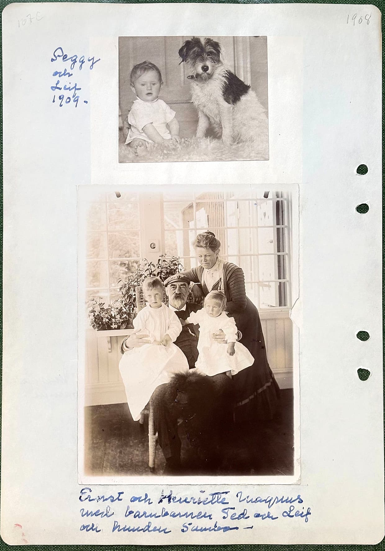 Fotograferad dagbokssida 174. Foto av ett litet barn sittande bredvid en strävhårig terrier. Bildtext: 'Peggy och Leif 1909.'. Foto av ett äldre par på en veranda med två småbarn i knäna. Bildtext: 'Ernst och Henriette Magnus med barnbarnen Ted och Leif och hunden Sambo'.