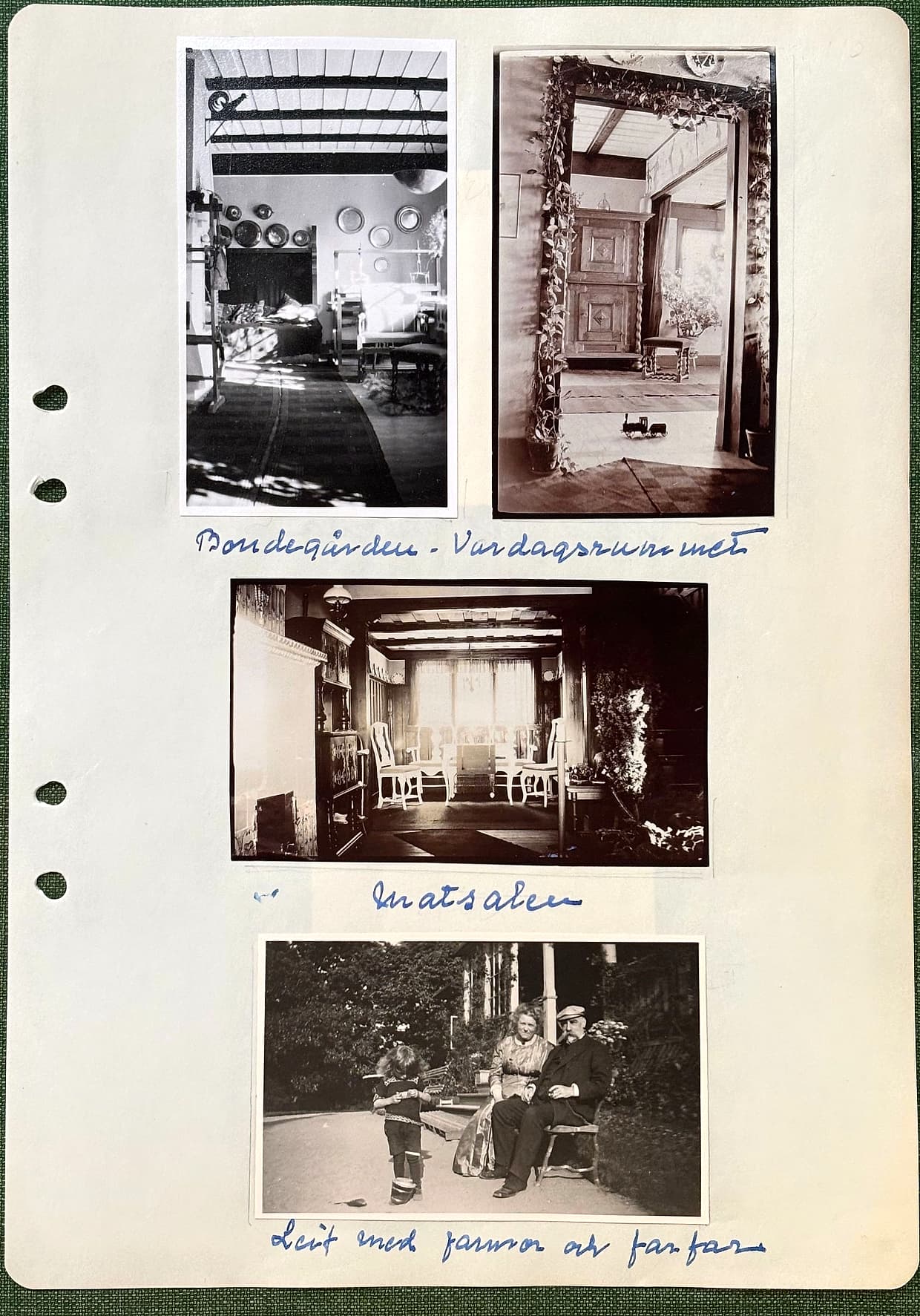 Fotograferad dagbokssida 177. Två interiörfoton från Bondegården: ett rum med synliga takbjälkar och tennfat på väggen, och en dörröppning omramad av löv med ett allmogeskåp bortom. Gemensam bildtext: 'Bondegården – Vardagsrummet'. Foto av en långsmal sal med takbjälkar och pinnstolar mot ett ljust fönster. Bildtext: 'Matsalen'. Foto av ett barn med kärra framför ett äldre par på en bänk. Bildtext: 'Leif med farmor och farfar'.