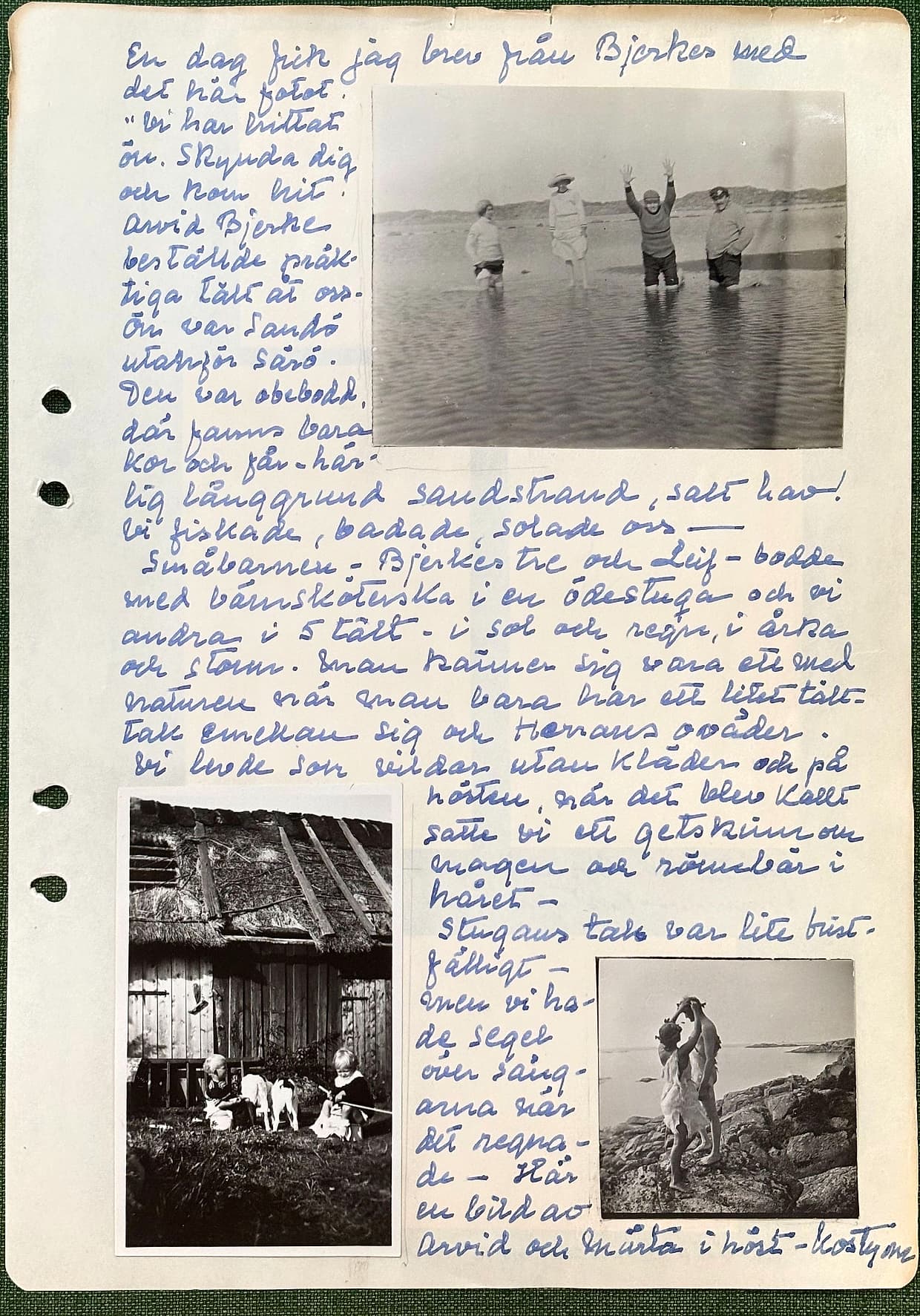 Fotograferad dagbokssida 187. Foto av fyra personer som vadar i vatten, en med armarna i luften. Bilden följde med brevet från Bjerkes. Foto av ödestugan med två barn och djur. Foto av två personer på klippor. Bildtext: 'Här en bild av Arvid och Märta i höst-kostym'. Sidans text är återgiven under bilden.