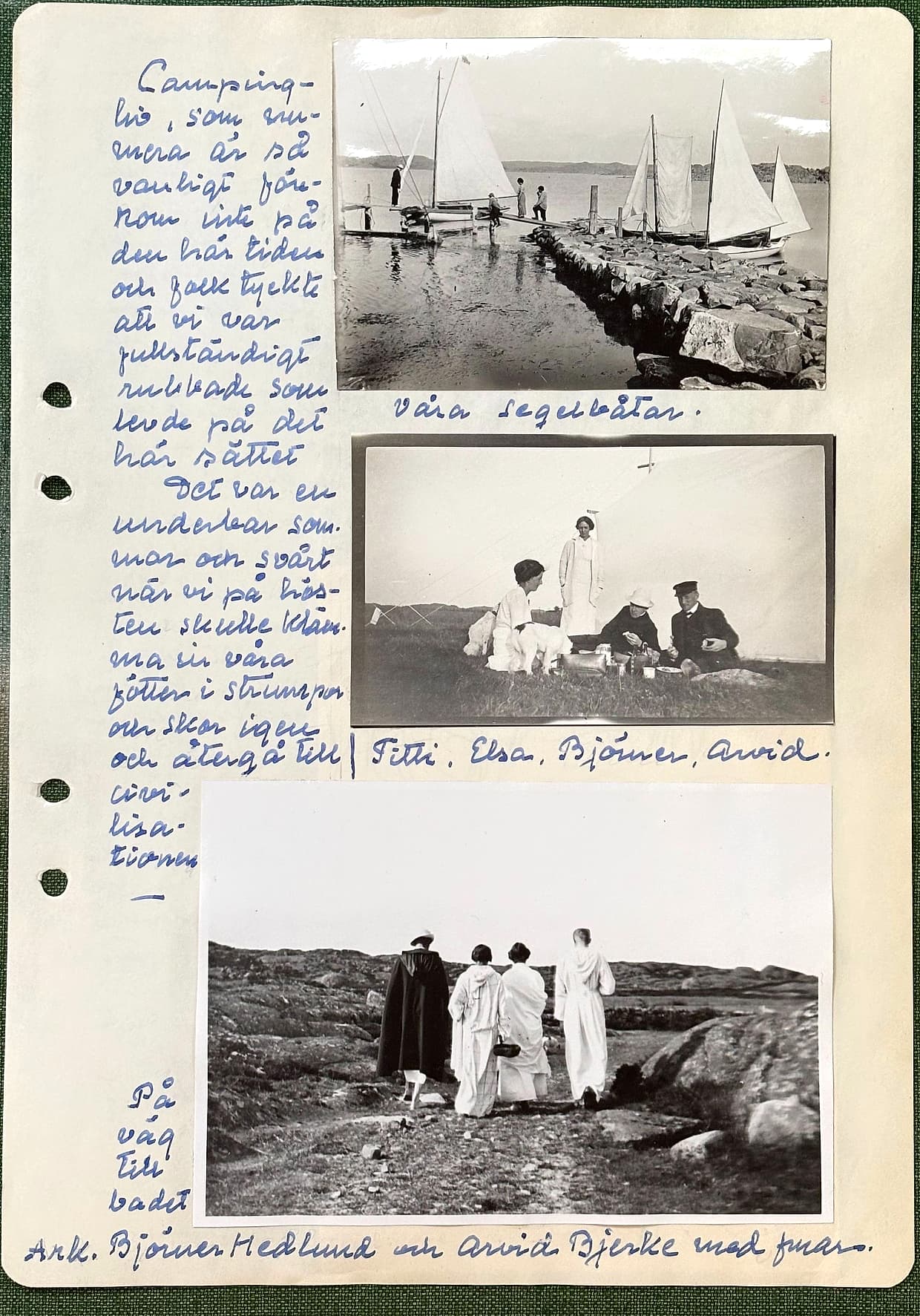 Fotograferad dagbokssida 189. Foto av segelbåtar vid en stenkaj. Bildtext: 'Våra segelbåtar.'. Foto av fyra personer som picknickar på klippor. Bildtext: 'Titti, Elsa, Björner, Arvid.'. Foto av fyra personer på väg över klippor. Bildtext till vänster: 'På väg till badet'. Under bilden: 'Ark. Björner Hedlund och Arvid Bjerke med fruar.'. Sidans text är återgiven under bilden.