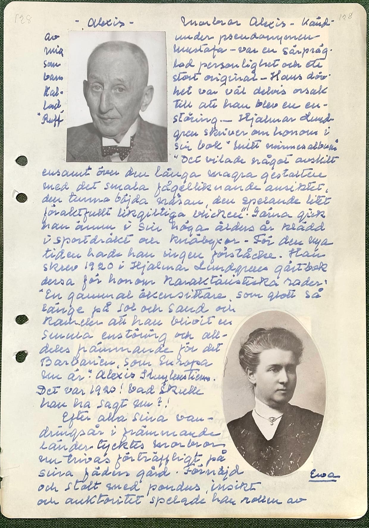 Fotograferad dagbokssida 193. Porträttfotografi av en äldre man med fluga. Bildtext till vänster: '– Alexis – av mig som barn kallad "Ruff"'. Porträttfotografi av en kvinna i mörk klänning med brosch. Bildtext: 'Ewa'. Sidans text är återgiven under bilden.