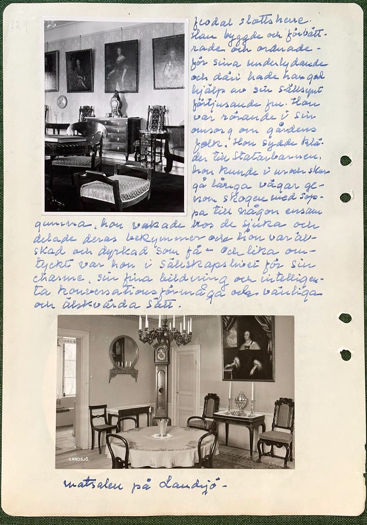 Fotograferad dagbokssida 194. Foto av en salong med tavelrad, byrå och pendyl. Ingen bildtext. Foto av en matsal med golvur, ljuskrona och porträtt på väggen. Tryckt beteckning nedtill i bilden: 'LANDSJÖ.' Bildtext: 'matsalen på Landsjö'. Sidans text är återgiven under bilden.