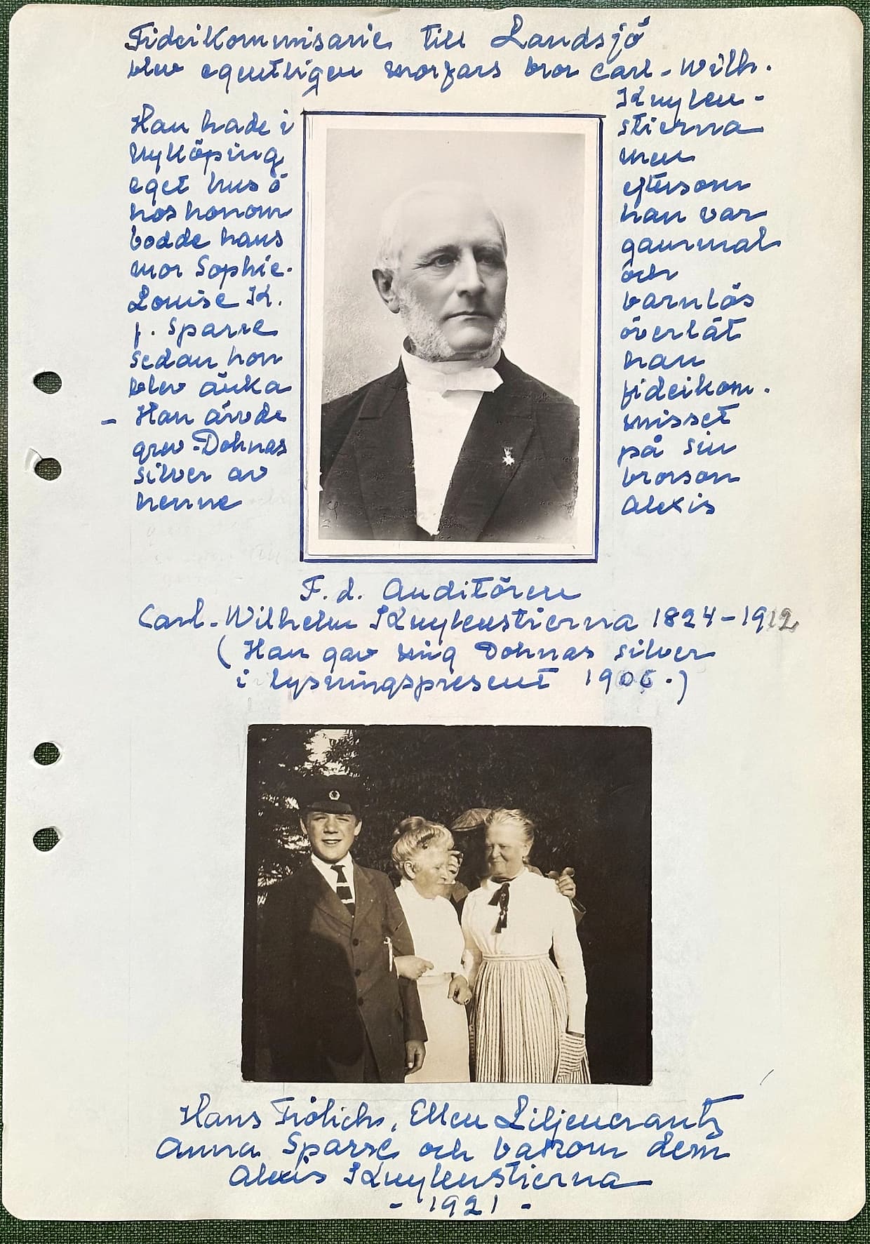 Fotograferad dagbokssida 195. Porträttfotografi av en äldre man med polisonger. Bildtext: 'F.d. Auditören Carl-Wilhelm Kuylenstierna 1824–1912 (Han gav mig Dohnas silver i lysningspresent 1906.)'. Foto av tre personer utomhus. Bildtext: 'Hans Frölich, Ellen Liljencrants, Anna Sparre och bakom dem Alexis Kuylenstierna - 1921 -'. Sidans text är återgiven under bilden.