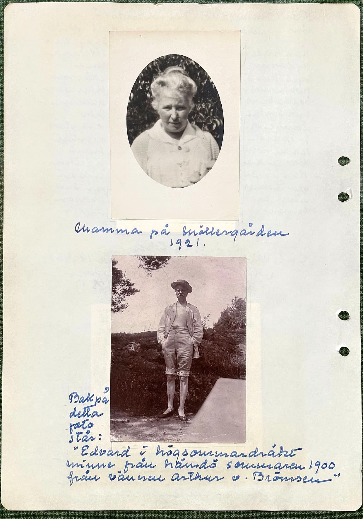 Fotograferad dagbokssida 196. Porträttfotografi av en äldre kvinna i vitt. Bildtext: 'Mamma på Möllergården 1921.'. Foto av en man i ljus sommardräkt och hatt på en grusväg. Bildtext till vänster: 'Bakpå detta foto står:' och under bilden: '"Edvard i högsommardräkt – minne från Nämdö sommaren 1900 – från vännen Arthur v. Brömsen"'.