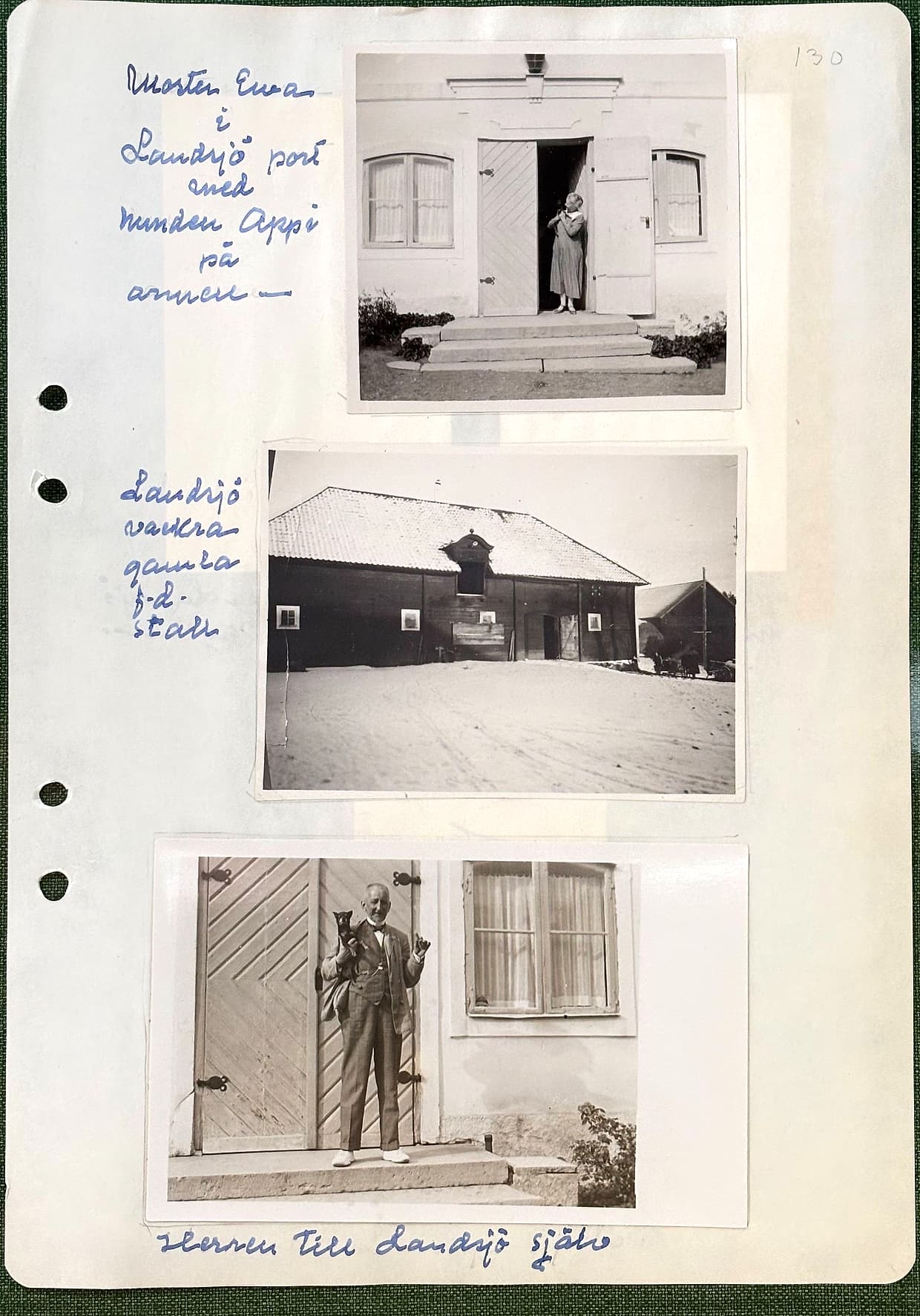 Fotograferad dagbokssida 197. Foto av en kvinna i en dörröppning på en stentrappa. Bildtext till vänster: 'Moster Ewa i Landsjö port med hunden Appi på armen'. Foto av en lång ekonomibyggnad i snö. Bildtext till vänster: 'Landsjö vackra gamla f.d. stall'. Foto av en man på en trappa med en hund. Bildtext: 'Herren till Landsjö själv'.