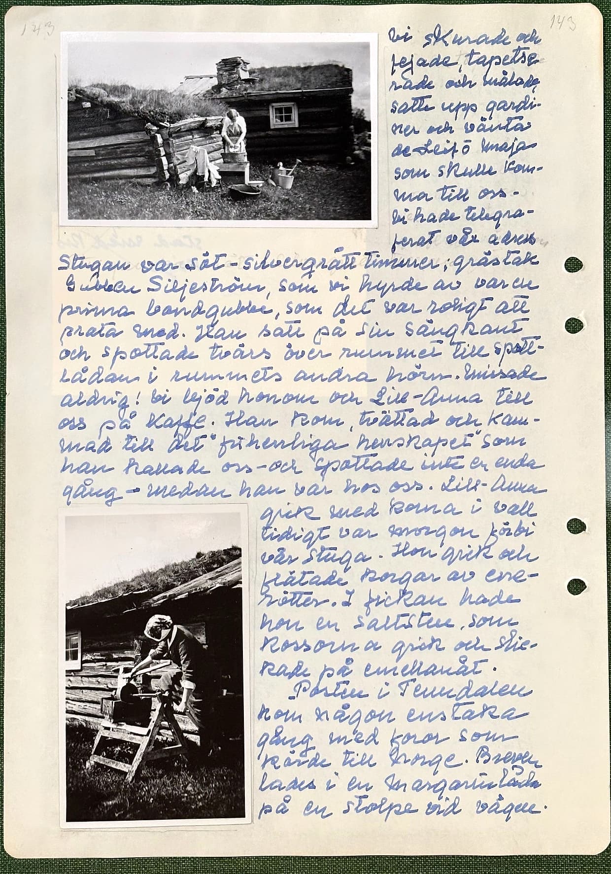 Fotograferad dagbokssida 212. Foto av en timrad fäbodstuga med grästak; en kvinna arbetar vid husväggen. Foto av en person som sågar eller hyvlar vid stugväggen. Sidans text är återgiven under bilden.