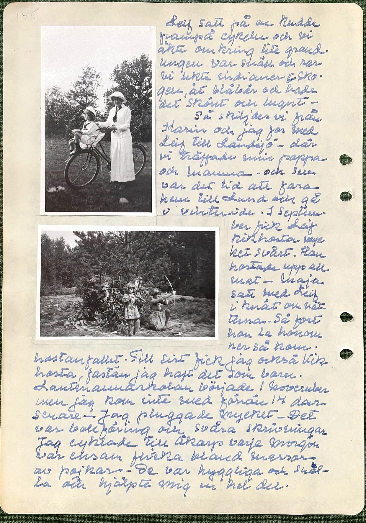 Fotograferad dagbokssida 214. Foto av Leif på en cykel med en kvinna i vit dräkt bredvid. Foto av ett barn och en vuxen som leker indianer i skogen. Sidans text är återgiven under bilden.
