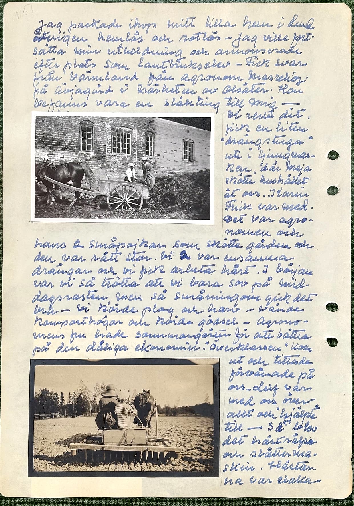 Fotograferad dagbokssida 218. Foto av en häst med kärra vid en tegelbyggnad, två personer lastar. Foto av två personer på en hästräfsa över en åker. Sidans text är återgiven under bilden.