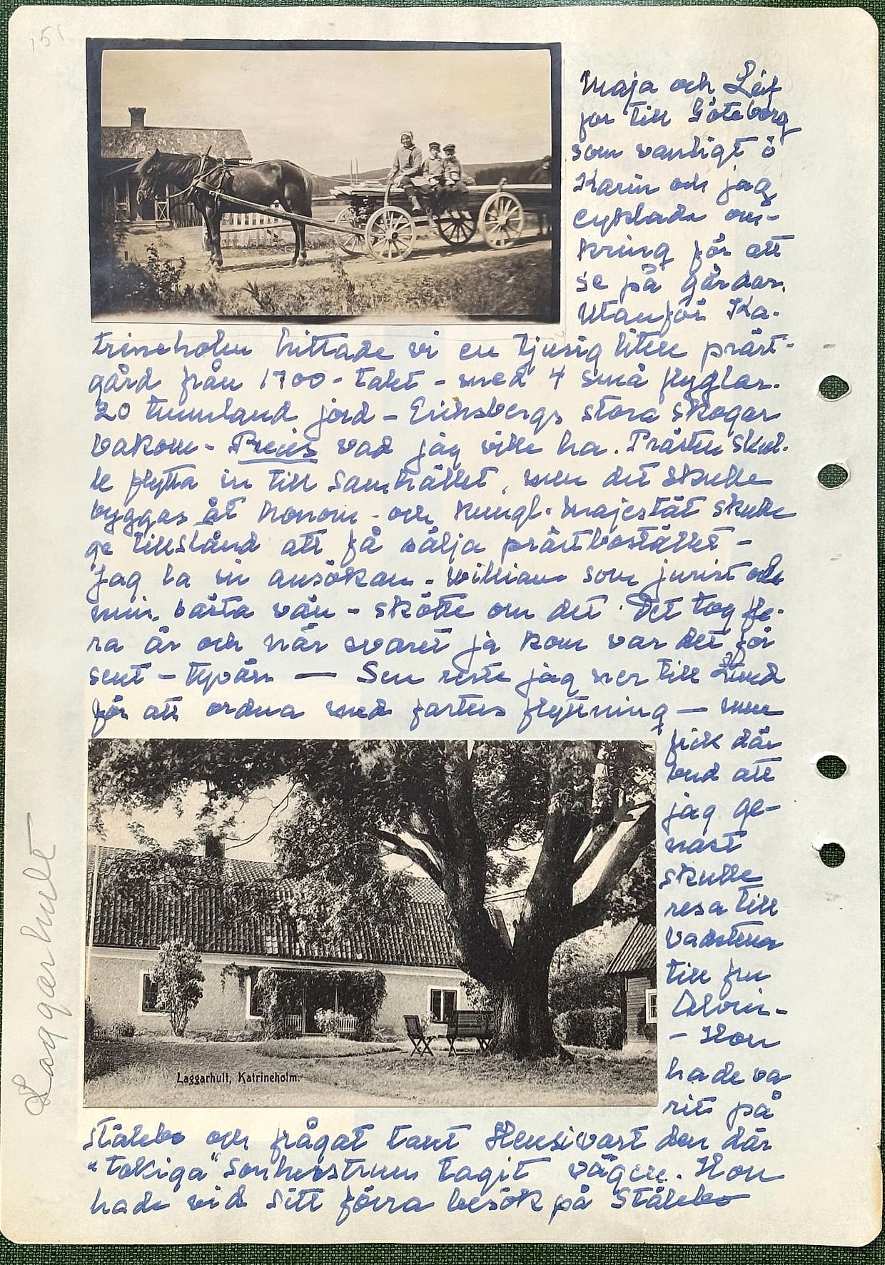 Fotograferad dagbokssida 220. Foto av en hästdragen vagn med vuxna och två barn, framför en gård. Vykort med motiv av en lummig gård. Tryckt bildtext: 'Laggarhult, Katrineholm.'. Sidans text är återgiven under bilden.