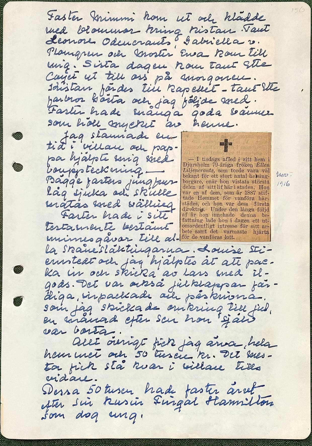 Fotograferad dagbokssida 225. Tidningsurklipp med kors, påskrivet 'Nov. 1916': 'I tisdags afled i sitt hem i Djursholm 79-åriga fröken Ellen Liljencrantz, som torde vara bekant för ett stort antal helsingborgare, enär hon vistats största delen af sitt lif här i staden. Hon var en af dem, som år 1887 stiftade Hemmet för vanföra härstädes, och hon var dess första direktris. Under den långa följd af år hon innehade denna befattning lade hon i dagen ett utomordentligt intresse för sitt arbete samt det varmaste hjärta för de vanföras lott.'. Sidans text är återgiven under bilden.