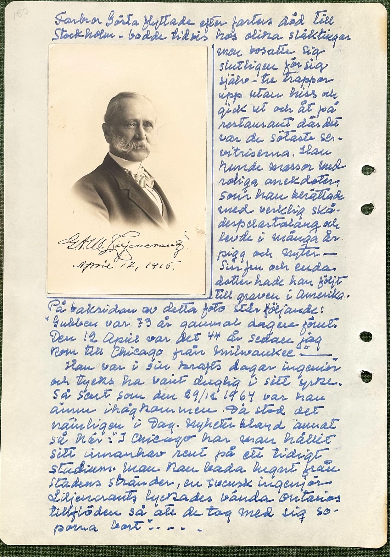 Fotograferad dagbokssida 226. Porträttfoto av en äldre man, signerat på kortet: 'G.M.A. Liljencrantz, April 12, 1915'. Sidans text är återgiven under bilden.