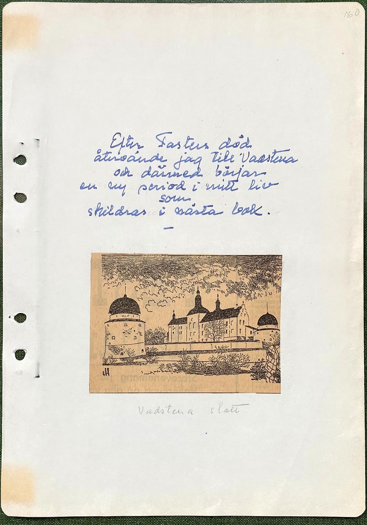 Fotograferad dagbokssida 229. Illustration: Vadstena slott. Sidans text är återgiven under bilden.